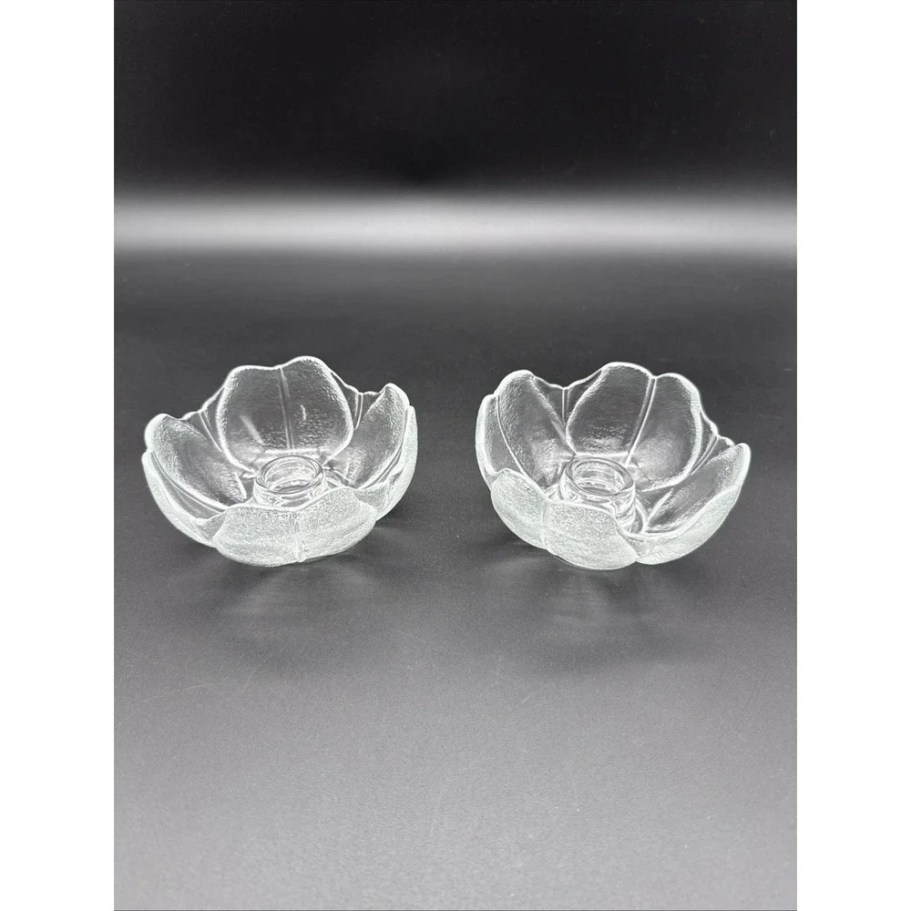 Vintage Clear Frosted Glass Flower Tulip Taper Candle Holders Anchor Hocking 2pc